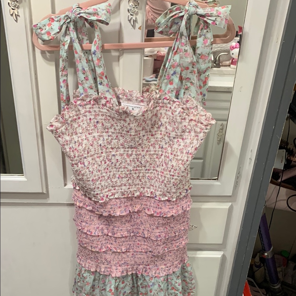 LoveShackFancy Pink Sundress with Ruched Peplum Sleeveless Halter